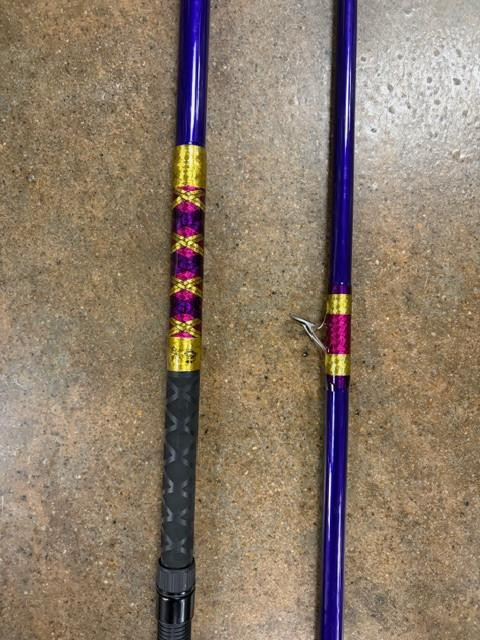 Full Send Rod Co. Custom CTS 1304 fishing rod, blue color with gold and purple accent wraps and black handle grip.