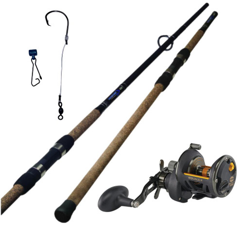F&F 12' Okuma Longitude Conventional Rod/Penn Squall 12SD Rigged Combo, fishing rod and reel with accessories, suitable for saltwater fishing.