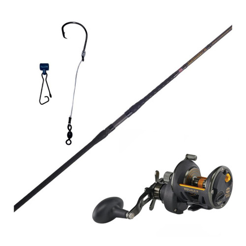 F&F 12' Penn Battalion BATSFII2040C12/Penn Squall II 12SD Rigged Combo, a fishing rod and reel combo set with a black fishing rod and a black and gold reel with accessories.