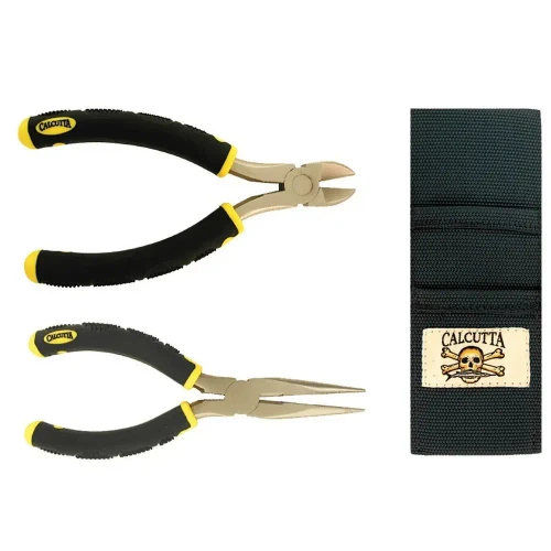 Calcutta Ultra Grip Kit - Pliers and Sheath, a set of two pliers with black and yellow grip handles and a black sheath with a Calcutta logo featuring a skull and crossbones.