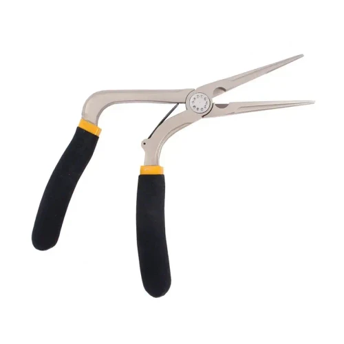 CALCUTTA Calcutta Pistol Grip 7" Long Nose Plier, precision needle nose pliers with ergonomic black handles and steel construction for electrical and detailed work.