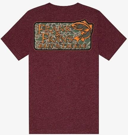 F&F Fish on Camo V Neck, maroon short sleeve T-shirt with camouflage patch featuring fish and bait and tackle logo.