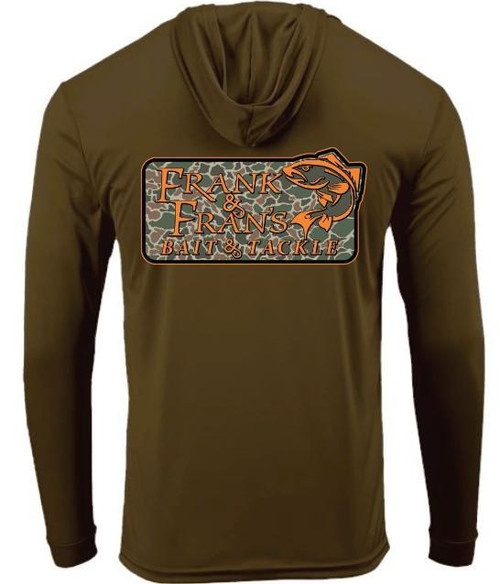 F&F Fish on Camo Performance Hoodie, olive green hoodie with a large fishing logo featuring a fish and camo background.