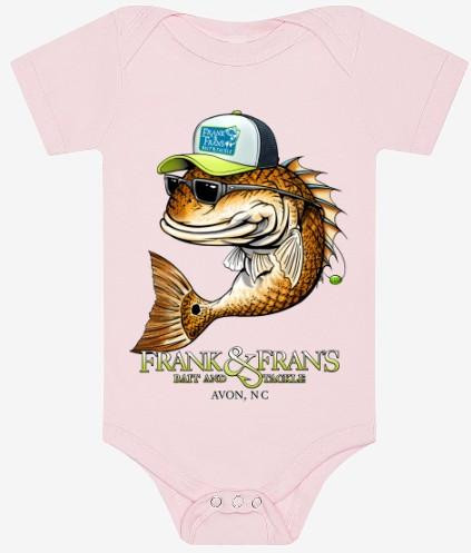 F&F Sporty Drum Infant, pink baby onesie with a graphic of a fish wearing a cap, sunglasses, and a fishing lure, featuring the text 'Frank & Fran's' and location 'Avon, NC'.