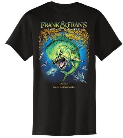 F&F Bad Mahi Short Sleeve With Pocket, black T-shirt featuring a colorful graphic of a large fish with sharp teeth and underwater scene.