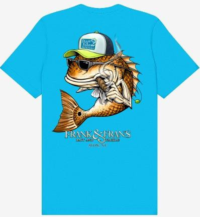 F&F Smoking Drum Short Sleeve No Pocket, blue t-shirt featuring a graphic of a fish wearing sunglasses and a cap with the text Frank & Frans.