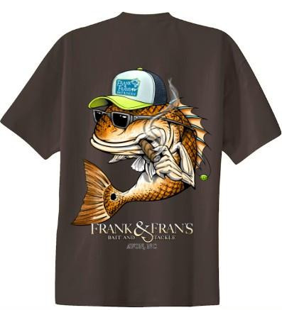 F&F Smoking Drum Short Sleeve With Pocket, stylish men's t-shirt featuring a graphic of a fish wearing a cap and sunglasses, with the text 'FRANK & FRANS BAIT AND TACKLE' and 'ANTIGUA, B.C.'