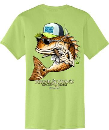 F&F Smoking Drum Short Sleeve With Pocket, lime green t-shirt featuring a graphic of a smoking drum with sunglasses and a cap, and a fish illustration.