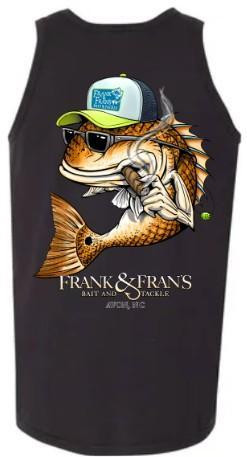 F&F Smoking Drum Tank, sleeveless black tank top featuring a graphic of a crocodile wearing sunglasses and a cap, holding a fishing rod.