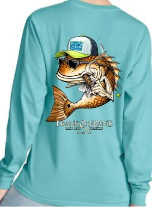 F&F Smoking Drum Long Sleeve With Pocket, turquoise long sleeve shirt featuring a graphic of a smiling fish wearing sunglasses, a cap, and holding a smoking drum.