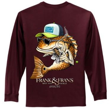 F&F Smoking Drum Long Sleeve No Pocket, maroon long sleeve shirt with a colorful graphic of a tiger wearing sunglasses and a cap, holding a fishing rod, with text that says 'Frank & Franks Bait and Tackle'.