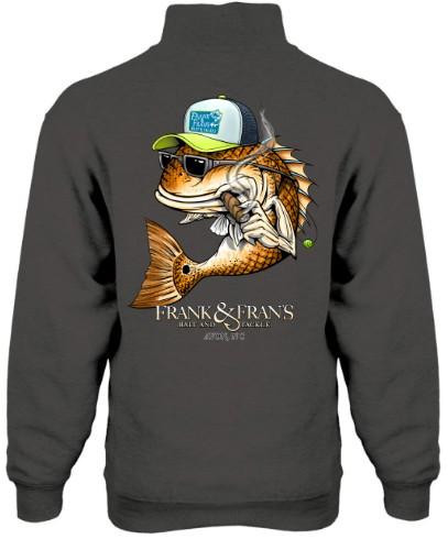 F&F Smoking Drum 1/4 Zip Fleece Pullover, a dark gray fleece with a graphic of a fish wearing sunglasses and a cap, and text reading 'Frank & Eran's' on the front.