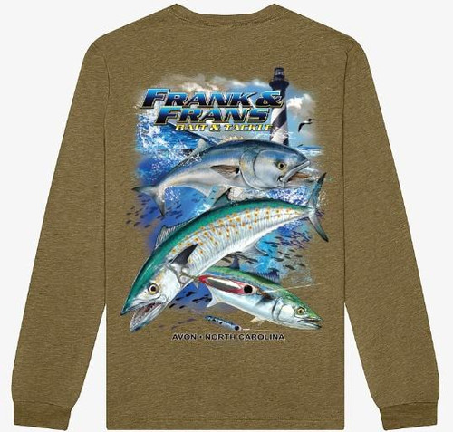 F&F Chasing Metal Long Sleeve No Pocket, olive green long sleeve shirt with a graphic of fishing boats and various fish species.