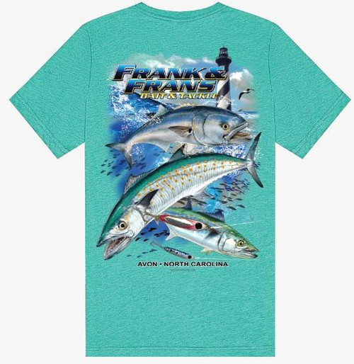 F&F Chasing Metal V Neck T-Shirt, graphic t-shirt featuring fishing scene with fish and ocean backdrop.