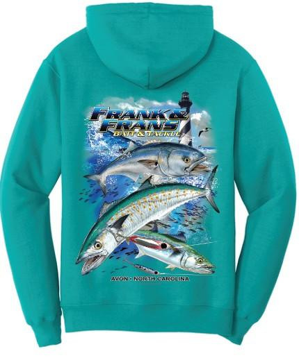F&F Chasing Metal Hoodie, bright teal hoodie featuring a graphic print of various fish species, a lighthouse, and ocean scenery, designed for casual and stylish wear.