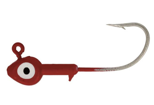 EAGLE CLAW Eagle Claw Jig Head, red and white fishing jig head with a fish-shaped lure and a sharp curved hook.