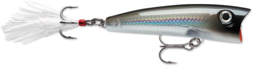 RAPALA Rapala X-Rap Pop, a realistic fishing lure with a sleek silver body, holographic scales, and a treble hook for effective fishing results.