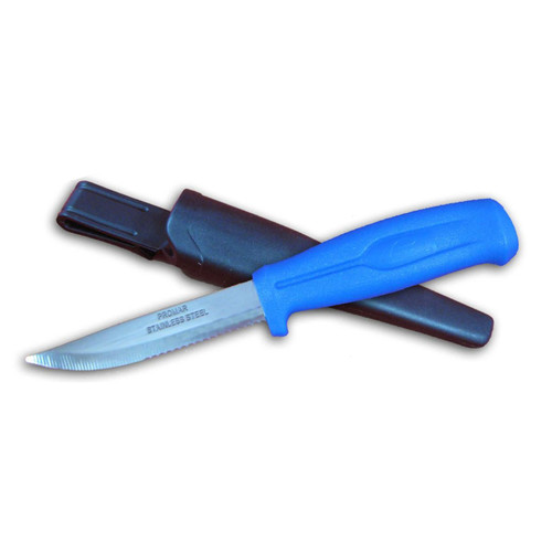 Promar Bait 4'' SS Knife with Sheath, stainless steel fishing knife with blue handle and protective sheath.