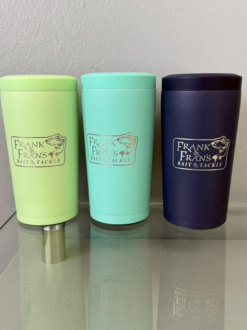 TOADFISH F&F Toadfish Universal Can Koozie, three colorful insulated can koozies in lime green, turquoise, and navy blue with the Frank & Fran's Bait & Tackle logo.