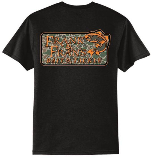 F&F Fish on Camo Short Sleeve With Pocket, black short sleeve T-shirt featuring a graphic of a fish and camouflage pattern with text.