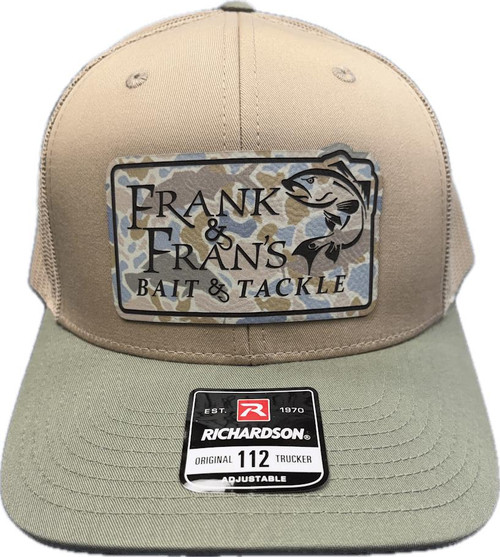 F&F Richardson 112 Inshore Camo Patch Hat, beige and green adjustable baseball cap with a camouflage patch reading 'Frank & Fran's Bait & Tackle'. Performance hat with a curved brim.