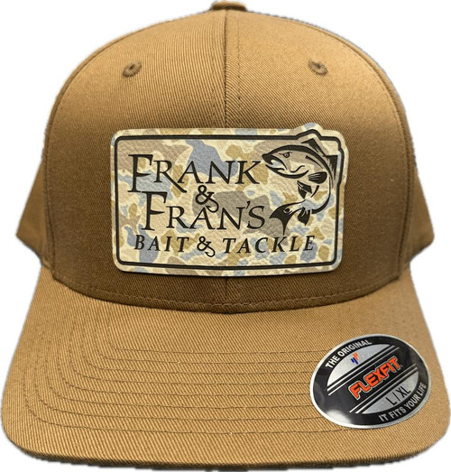 F&F Flexfit 6277 Inshore Camo Patch Hat, tan camouflage baseball cap with a rectangular patch featuring 'Frank & Fran's Bait & Tackle' logo and a fish illustration.