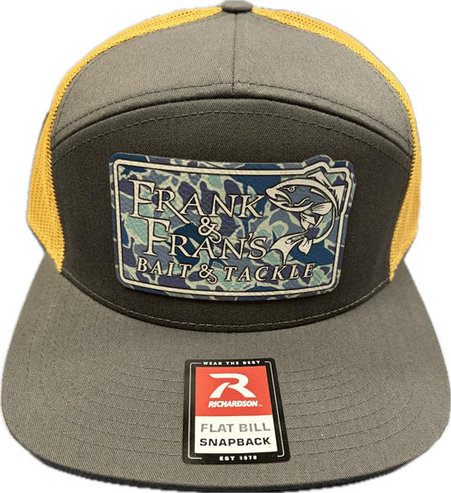 F&F Richardson 168 Offshore Camo Patch Hat, men's snapback cap featuring a camouflage patch with fishing theme, yellow mesh sides, and a gray brim.