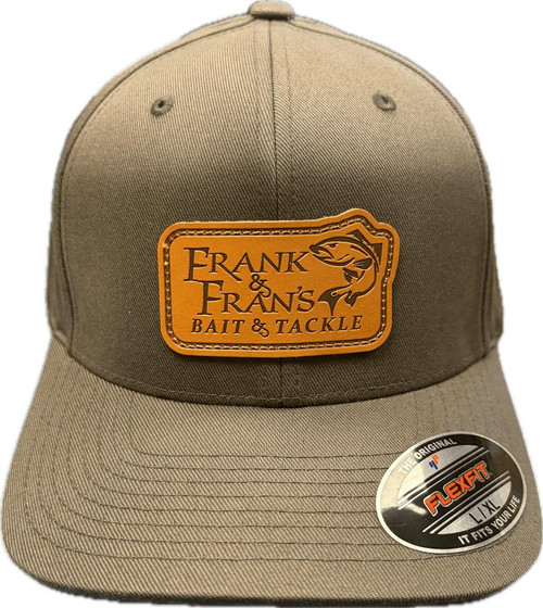 F&F Flexfit 6277 XL Leather Sign Logo Patch Hat, beige adjustable baseball cap with leather patch featuring brand name and fish logo