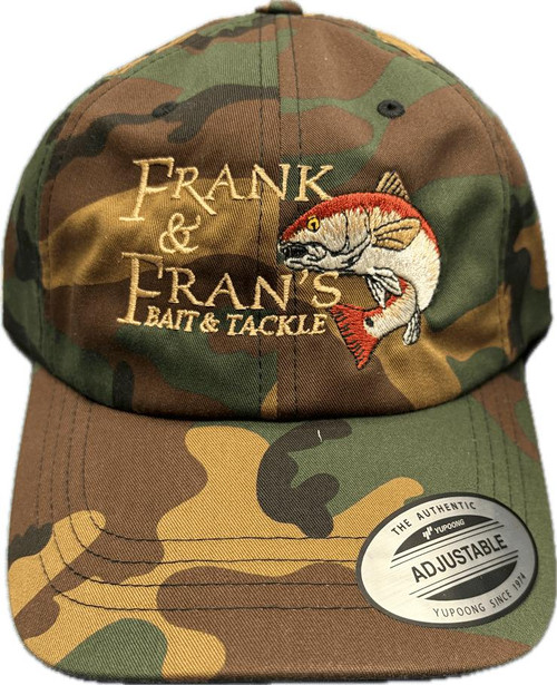 F&F Yupoong 6245CM Large Embroidered Drum Hat, camouflage design with a detailed multicolored fish embroidery and adjustable strap.