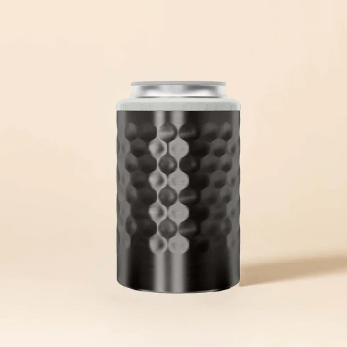 SIC Lifestyle LLC SIC 12 oz Can Cooler, metallic can cooler with a textured honeycomb pattern for insulating beverages.