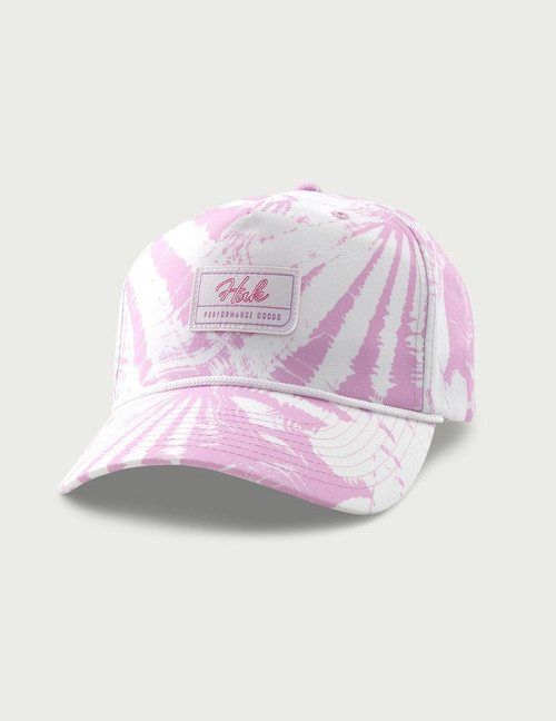 Huk 5 Panel Printed Rope Hat, pink and white tie-dye patterned baseball cap with a front patch reading 'Huk Performance Goods'.