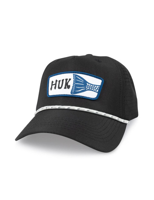 HUK Patch Performance Rope Hat, black baseball cap with embroidered patch featuring the HUK logo and a fishing lure, and a white and gray rope detail on the brim.
