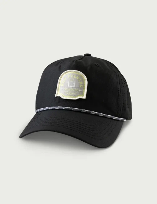 HUK Patch Performance Rope Hat, black baseball cap with perforated sides and a rope detail along the brim.