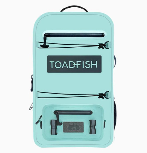 TOADFISH Toadfish Sealed Waterproof Backpack & Sling, light blue waterproof backpack with multiple zippered compartments and adjustable straps.