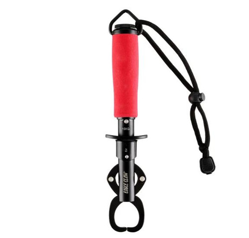 EAGLE CLAW Eagle Claw Lip Gripper/30lb Scale, red hand-held fishing tool with a black hoof-shaped gripping mechanism and a black lanyard for secure handling.