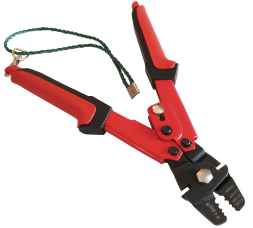 P-LINE P-Line Swager Hand Crimper Deluxe, red and black hand crimper with adjustable jaw and green lanyard for wire and cable crimping.
