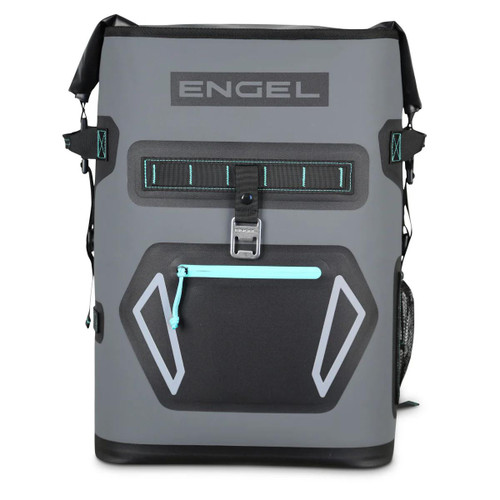 ENGEL Engel Roll Top High Performance Backpack Cooler, image of a durable gray backpack cooler with multiple compartments, reflective details, and a roll-top closure for keeping items cool.