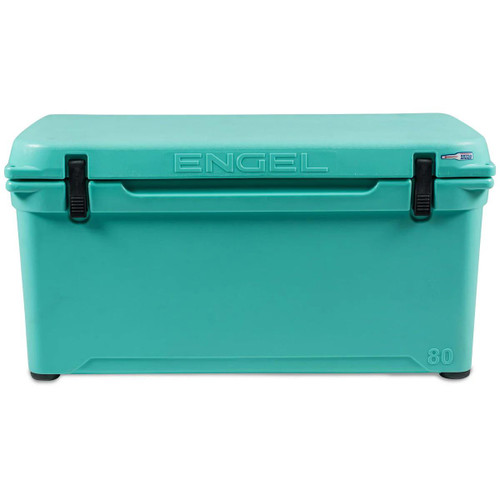 ENGEL Engel High Performance Cooler, turquoise portable cooler with black latch and embossed logo on the lid.