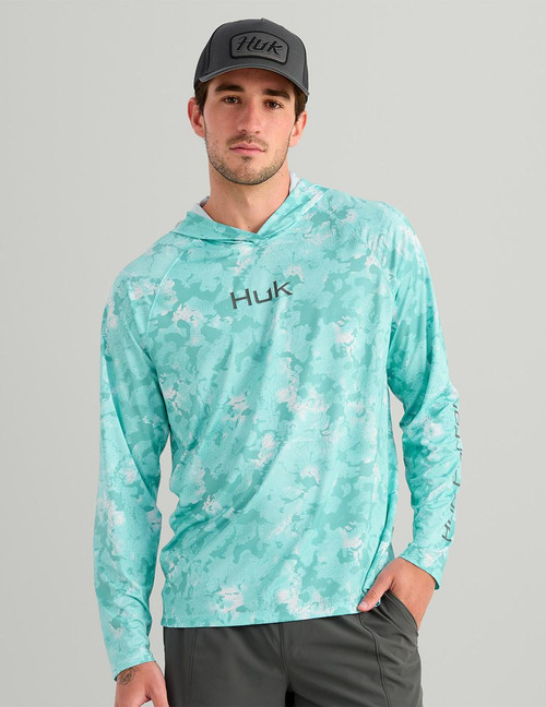 HUK Huk Airweight Hoodie KC Printed, light blue camouflage print hoodie with HUK logo on the chest and sleeve.