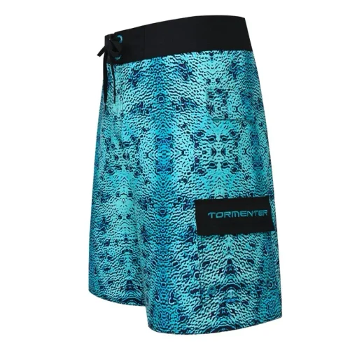 TORMENTER Tormenter Mahi Skin Blue Boardshorts, vibrant blue and black patterned boardshorts with a black waistband and a side pocket featuring the TORMENTER logo.