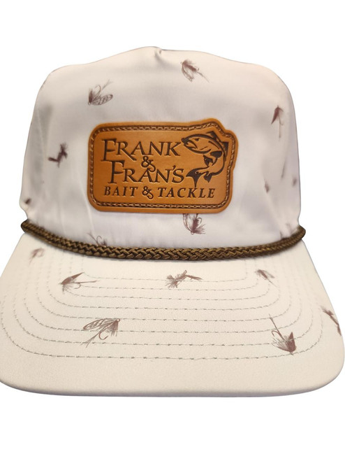 F&F Imperial DNA014 Leather Sign Patch Hat, white cap with brown and beige patch and fly fishing rods design.