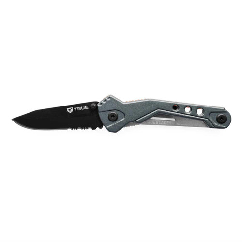 TRUE True TrueBlade Knife, folding pocket knife with black blade and grey handle.