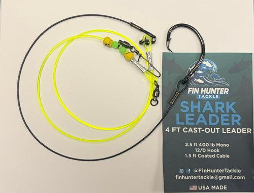 FIN HUNTER TACKLE Fin Hunter Tackle Shark Castout Rigs, shark fishing casting rig with 4 ft cast-out leader, 2.5 ft 400 lb mono, 12/0 hook, and coated cable, displayed on a blue informational card.
