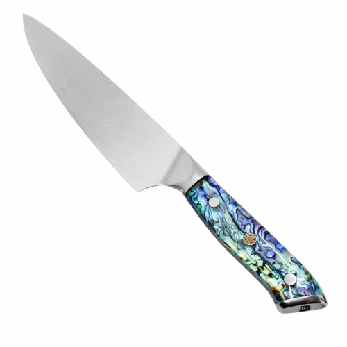TOADFISH Toadfish 8" Abalone Chef Knife, stainless steel blade with an intricate pattern and a handle with vibrant abalone shell design.