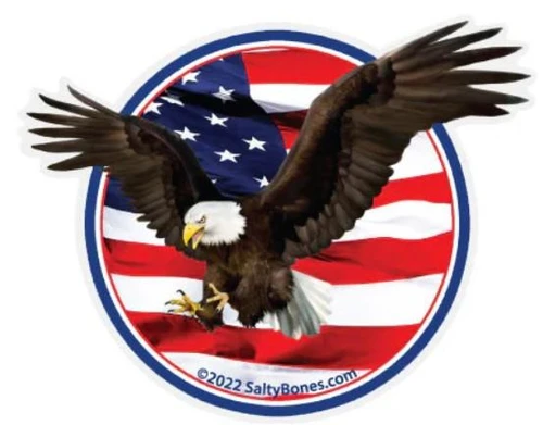 Salty Bones Soaring Eagle American Flag Sticker, a sticker featuring a fierce bald eagle soaring in front of the American flag.