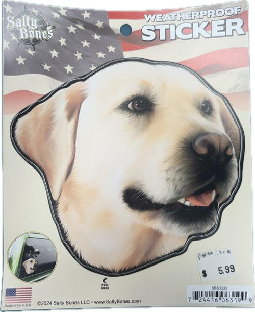 Salty Bones Yellow Lab Weatherproof Sticker, featuring a realistic image of a yellow Labrador Retriever dog, with a patriotic American flag background, suitable for outdoor use.