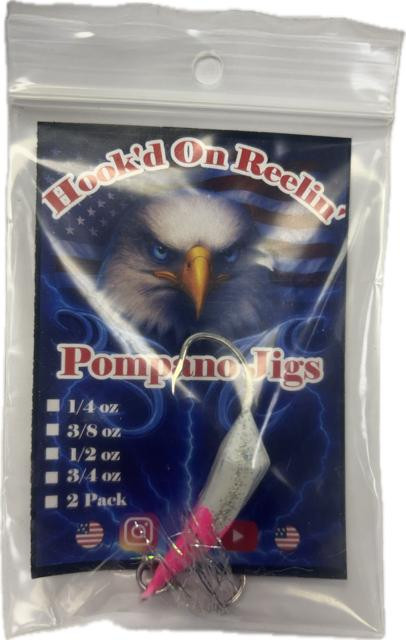Hook'd On Reelin' Pompano Jig with Teaser, product package featuring an eagle graphic and lightning background.