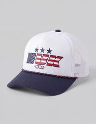 HUK Huk United Foam 110 Trucker, white and navy blue baseball cap with USA flag and stars embroidered on front