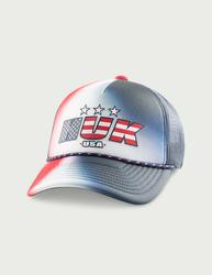 HUK Huk United Foam Trucker, navy and white trucker cap with USA flag and star design