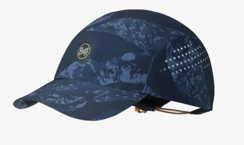 BUFF Buff Pack Speed Cap, navy blue running cap with mountain print and ventilation holes on the sides.